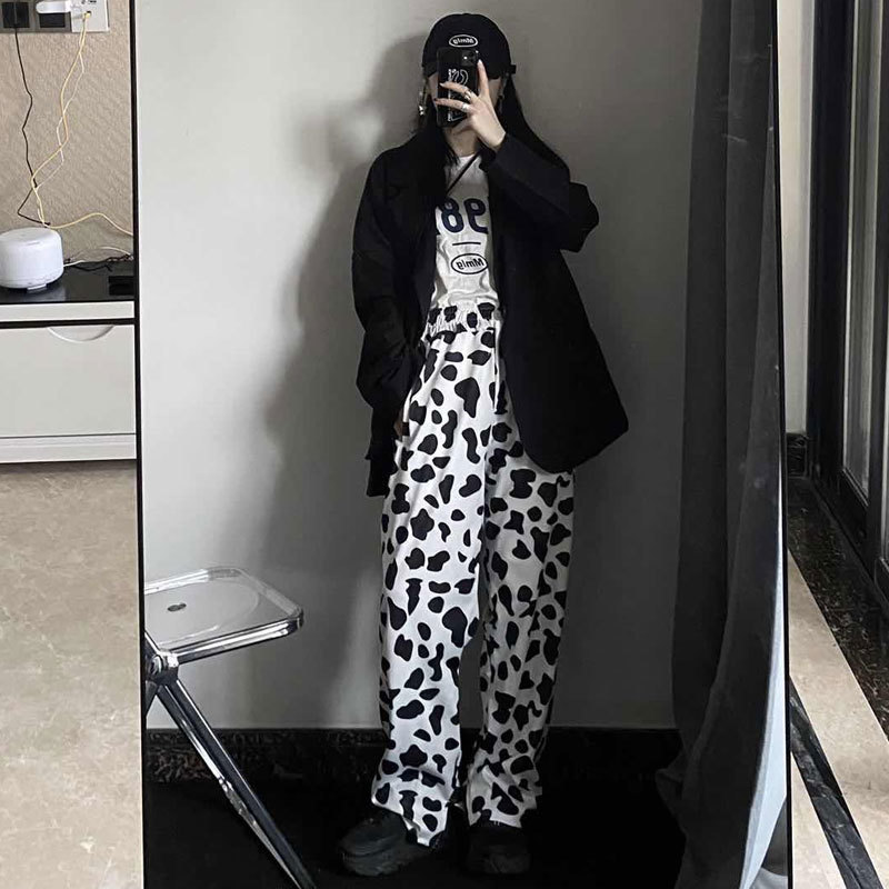 HOUZHOU Cow Print Summer Korean Style Wide Leg for Fashion Women Vintage Joker Palazzo Pants 201111