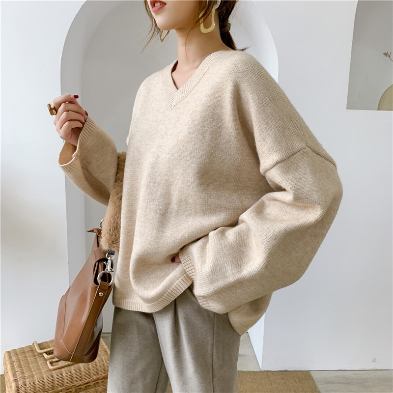 EAM Gray Big Size Knitting Sweater Loose Fit V-Neck Long Sleeve Women Pullovers Fashion Autumn Winter 1Y198 201130