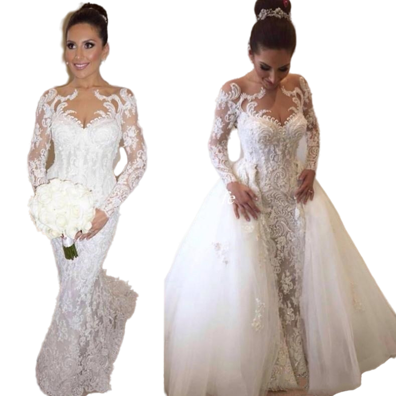 Gorgeous Lace Mermaid Wedding Gowns With Detachable Skirt 2023 Luxury Detail Beaded Pearls Long Sleeve Dubai Arabic Bridal Wedding Dresses