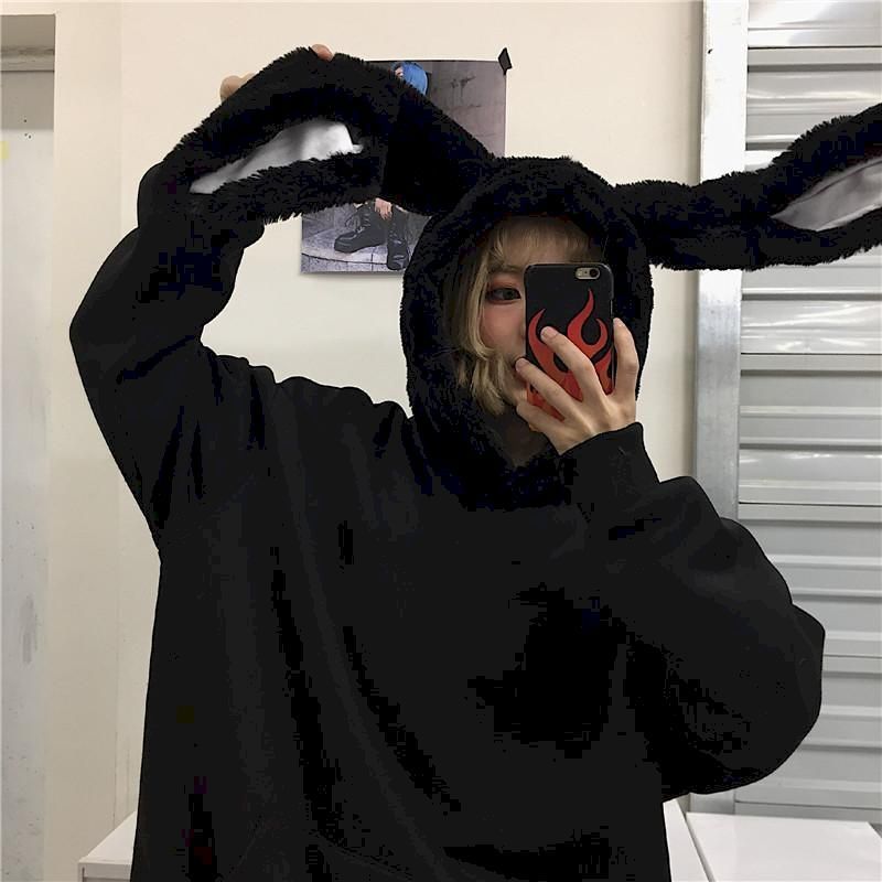 Oversize Balck Long Hoodies Women Sweatshirt Clothes Gothic Streetwear Loose Harajuku Hooded Rabbit Ear Hooded Pullovers 201007