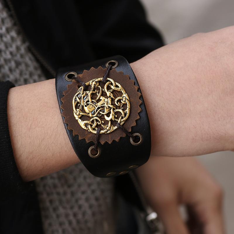 Charm Bracelets Fashion Vintage Genuine Leather Adjustable Man Bracelet Wide Gold Alloy Pattern Punk Retro Women Bangles Jewelry Gift
Charm Bracelets Fashion Vintage Genuine Leather Adjustable Man Bracelet Wide Gold Alloy Pattern Punk Retro Women Bangles Jewelry Gift