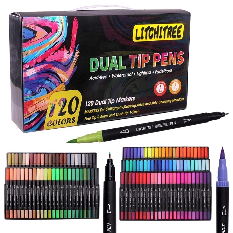 Coloring Art Markers Set, 80/120 Colors Dual Tips Fine Point Water Based Marker Fineliner Pens with Canvas Bag, for Kids Adults 201211