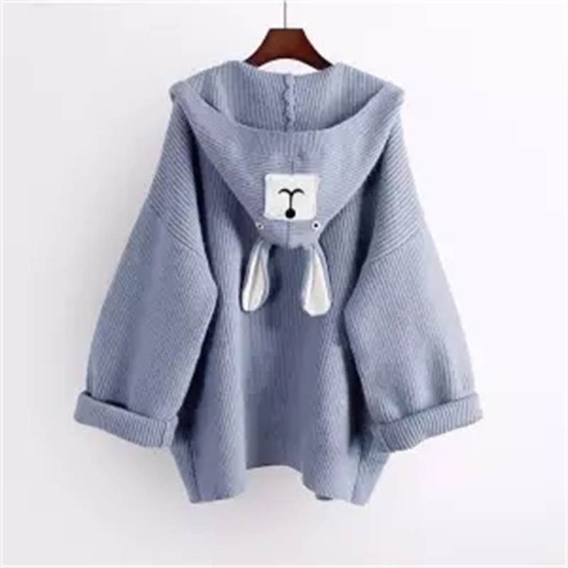 Neploe Women Hooded Cardigan Sweater Cartoon Applique Loose Medium-long Knitwear Coat Autumn Winter Knit Open Stitch 55403 201030