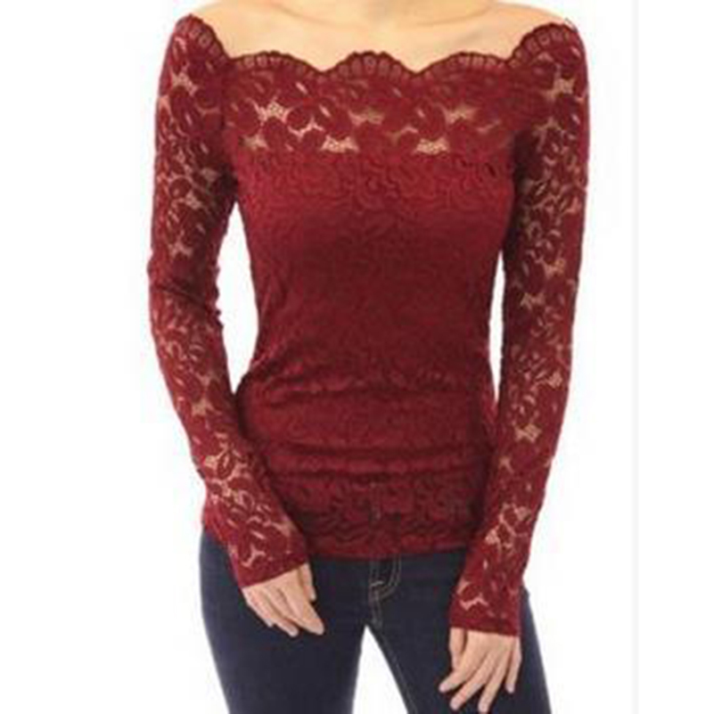 Luck A Women Blouses Lace Black White Blue Red Off Shoulder Long Sleeve Lace Shirt Top Plus Size Summer Clothing 201125