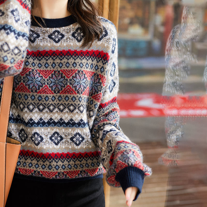 Women's Geometric Vintage Pullover Sweater O-neck Autumn Winter Loose Style Pull Jumpers Korean Knitwear Casual Sweaters Femme 201224