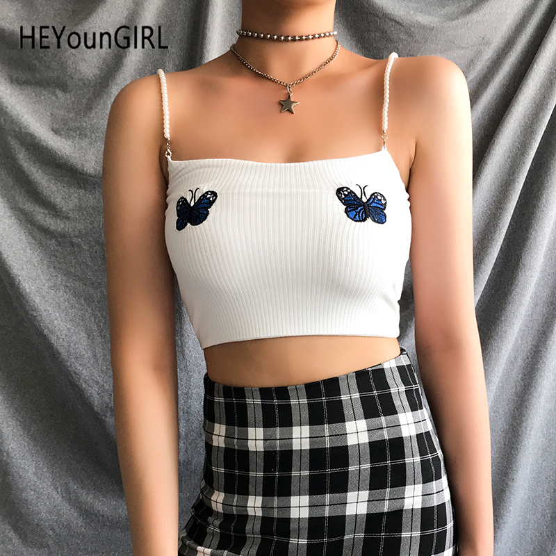

HEYounGIRL Bead Chains White Spaghetti Strap Top Embroidery Butterfly Cami Top Casual Backless Sleeveless Crop Tops Tees Women Y200701