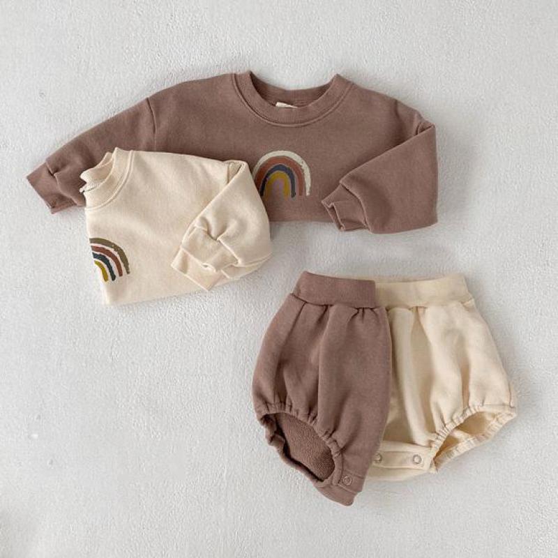 Baby Boys And Girls Rainbow Clothing Set Kids Casual Long Sleeve Rainbow Pullover Sweatshirt Tops + Shorts Children Clothes SetX1019