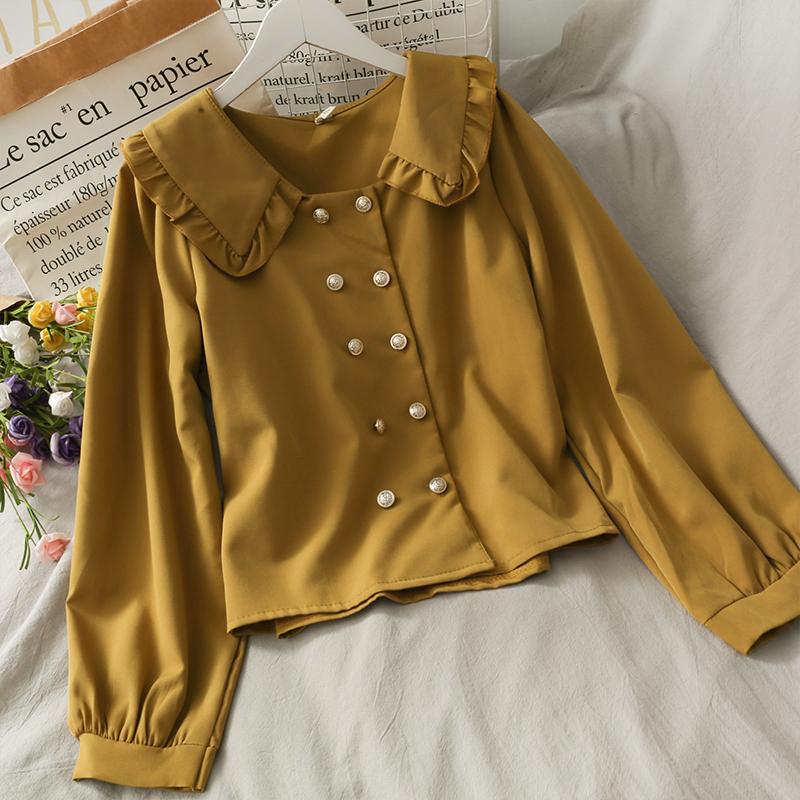 2020 New style loose and thin double-breasted cardigan all-match shirt women's autumn clothes with wooden ear doll collar top, Black
2020 New style loose and thin double-breasted cardigan all-match shirt women's autumn clothes with wooden ear doll collar top, Black