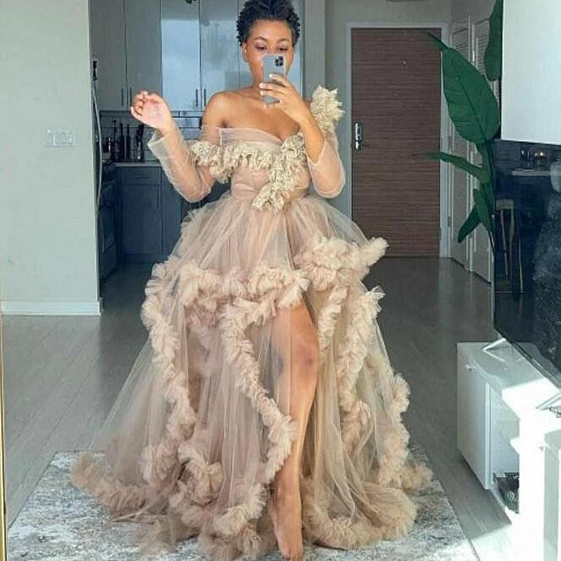 African Long Evening Dresses for Women Off the Shoulder Long Sleeve Prom Dress Party Wear Puffy cloud Ruffles Formal Gowns
