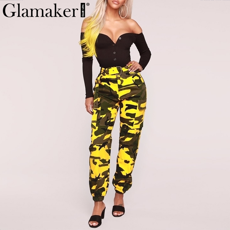 Glamaker Camo cotton high waist women cargo pants Casual female sexy fitness pants summer skinny bottom pants spring trousers T200223