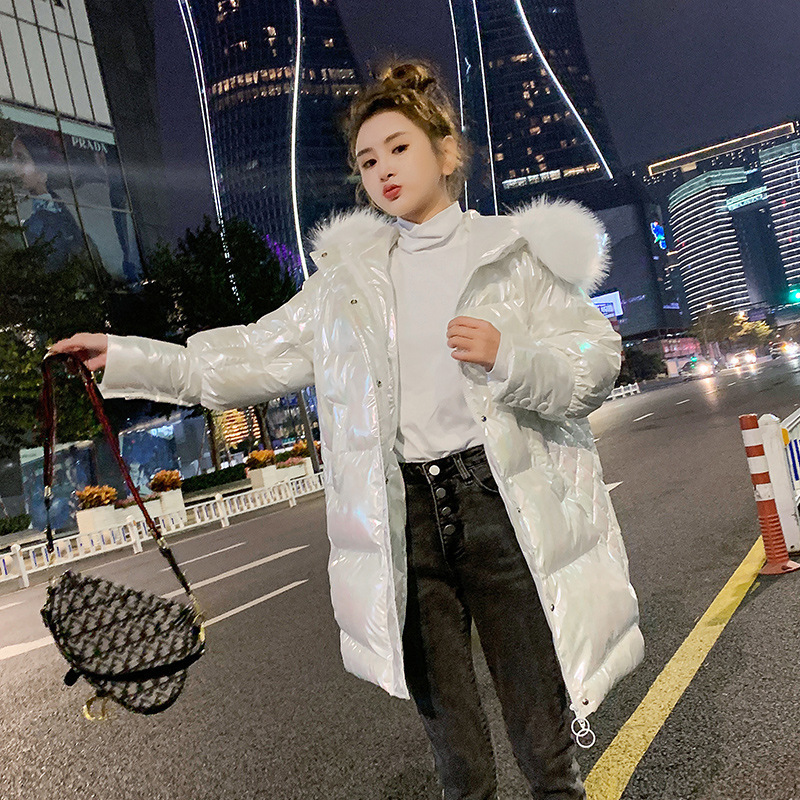 New Long Glossy Hooded Parka Jacket Women Warm Thicken With Fur Collar White Long Winter Coats Parka 201019
