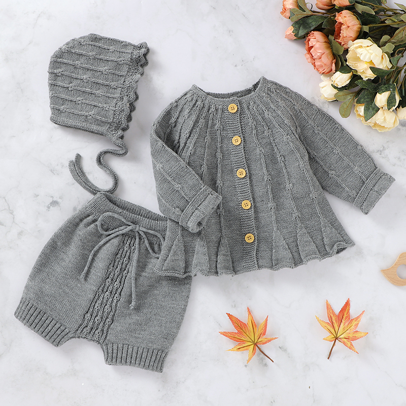 New 2020 Spring Autumn Infant Baby Girls Pure Color Cardigan Coat + Pants+ Hat Clothing Sets Kids Suit Girl Knit Sets Clothes Y1105