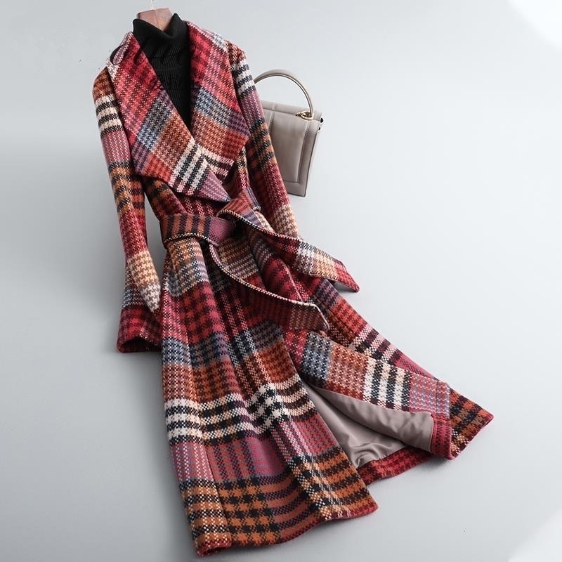 

Autumn Winter New Arrival Women Warm Wool Coat Fashion Plaid Belted Blends Outwear Female Korean Slim Office Long Coat 201104, Red01