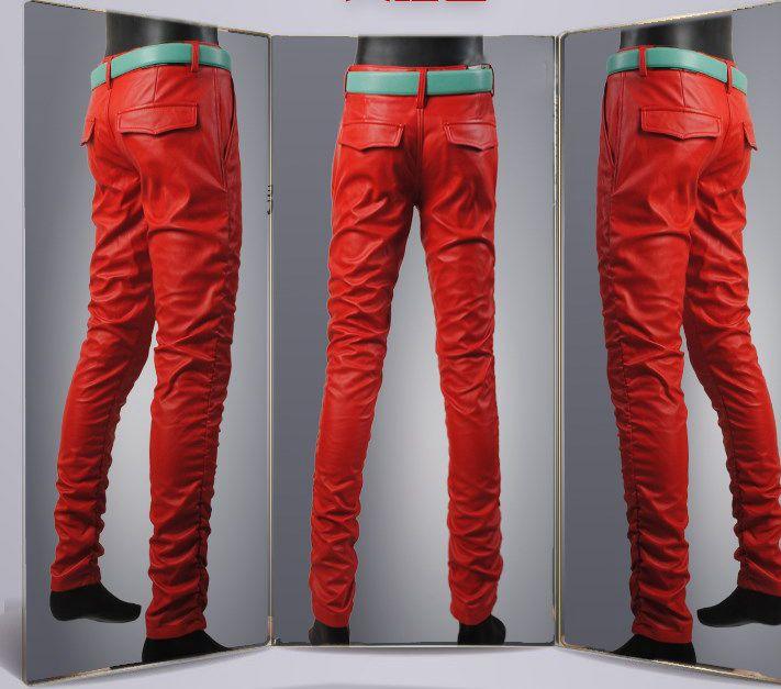 Fashionable new personality men's tight leather pants men's Korean version slim feet black and white red pu leather pants
