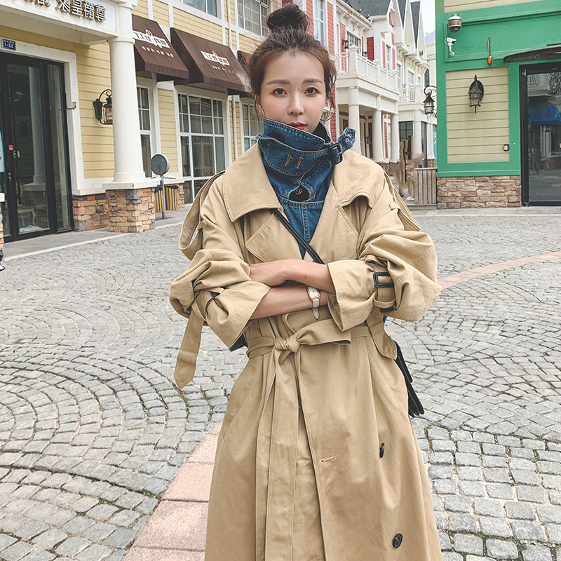 [DEAT] New Autumn Fashion Women's Trench Coat Casual Denim Patchwork Full Sleeve Double Lapel Collar Loose With Belt TX159 201028