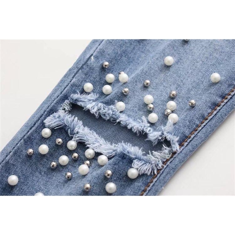 Knee Hole Ripped Jeans plus size Women Stretch Denim Pencil Pants Casual Slim Fit Rivet Pearl Summer Long Sex Trousers Cowboy 201030