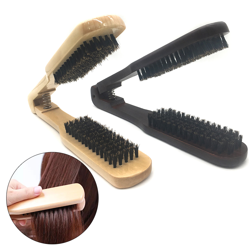 V Folded Hair Straightener Boar Bristles Clamp No Electric Detangler Hair Brush Hairs Styling Tool Double Side Wood Environmental