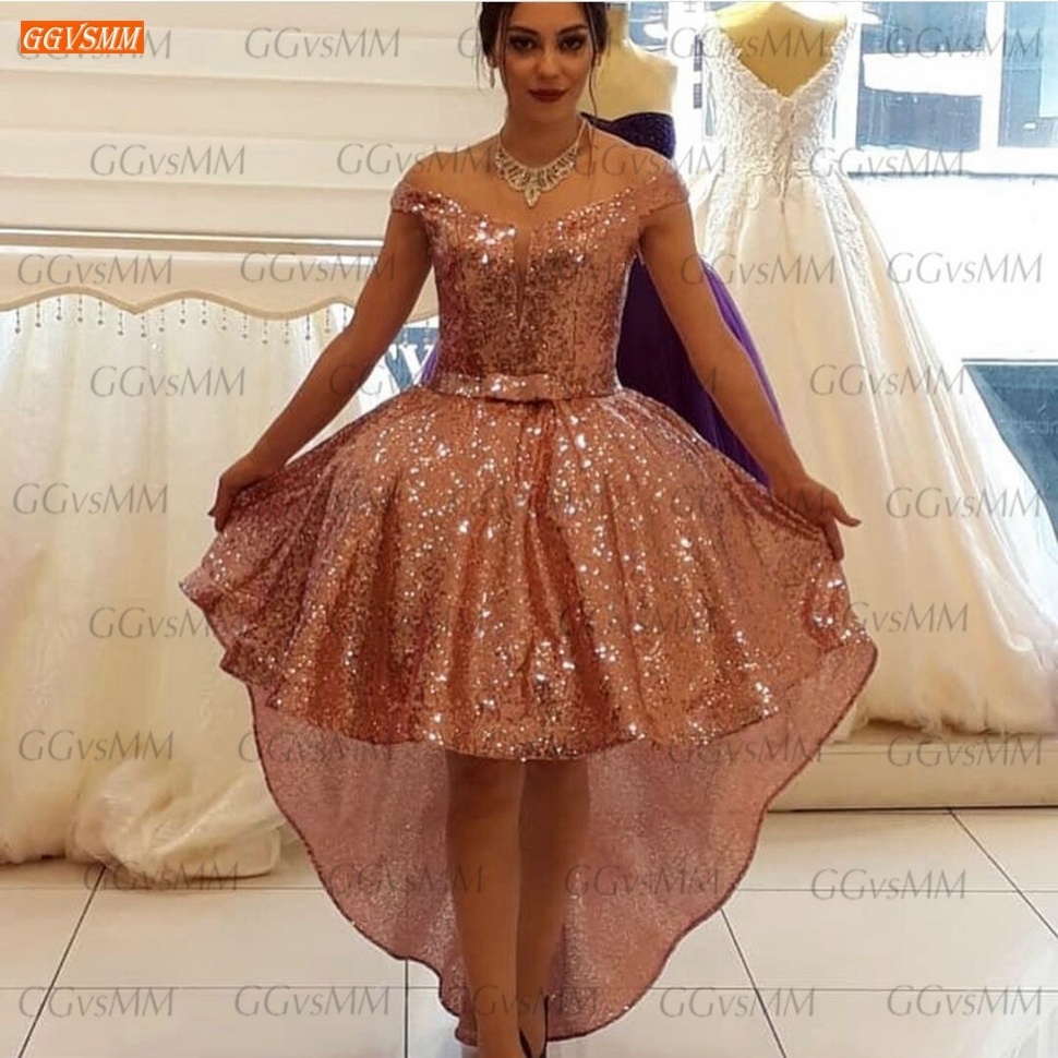 Arabic Short Front Ball Gown Prom Dresses High Low Sparkly Sequins Navy Burgundy Sequined Glitter Cocktail Party Dress Special Occasion Wear