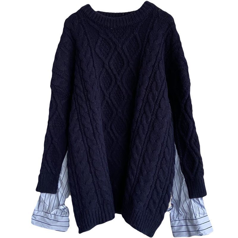 Autumn winter New design womens o-neck coarse wool knitted loose palazzo pullover jumper shirt patched faux 2 pcs sweater tops