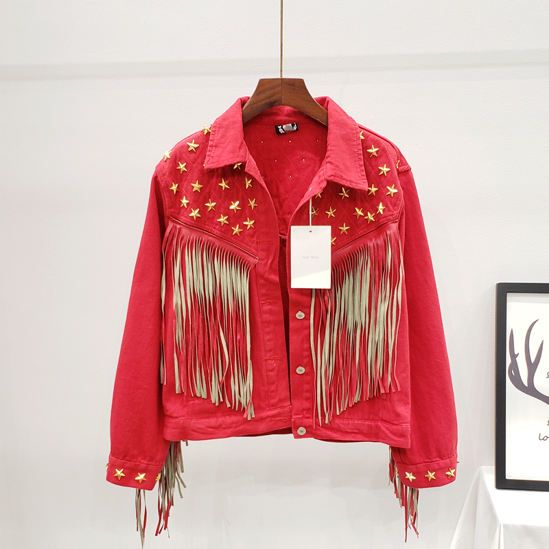 DEAT Autumn Winter Long Sleeve Turn Down Collar Rivet Tassel Red Denim Jacket Women Coat Streetwear MK007 201019