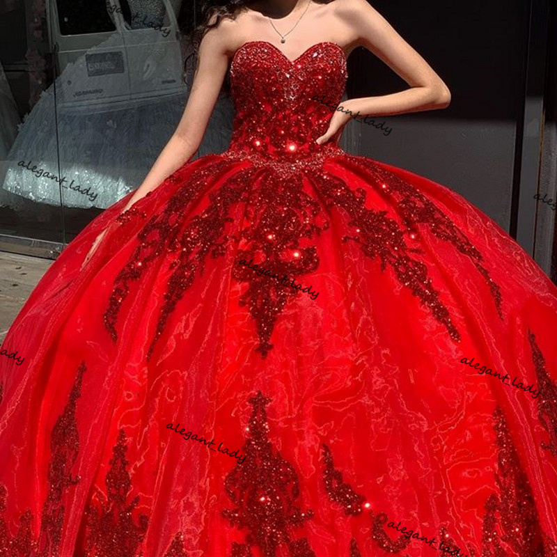 Red Organza Sweet 16 Quinceanera Dress Sequined Applique Beaded Sweetheart Pageant Dress Mexican Girl sweety 16s Birthday Gown