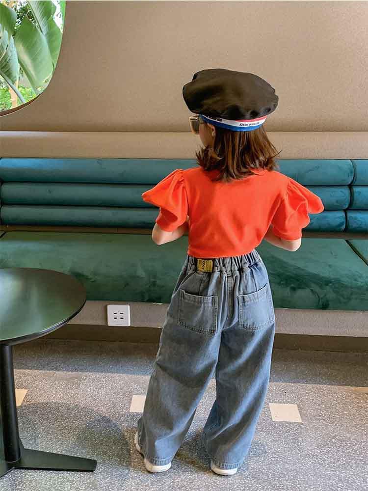 Jeans Girls Denim Wide-leg Pants 2021 Spring Autumn Loose Girl Bell Bottom Broken Hole Kids