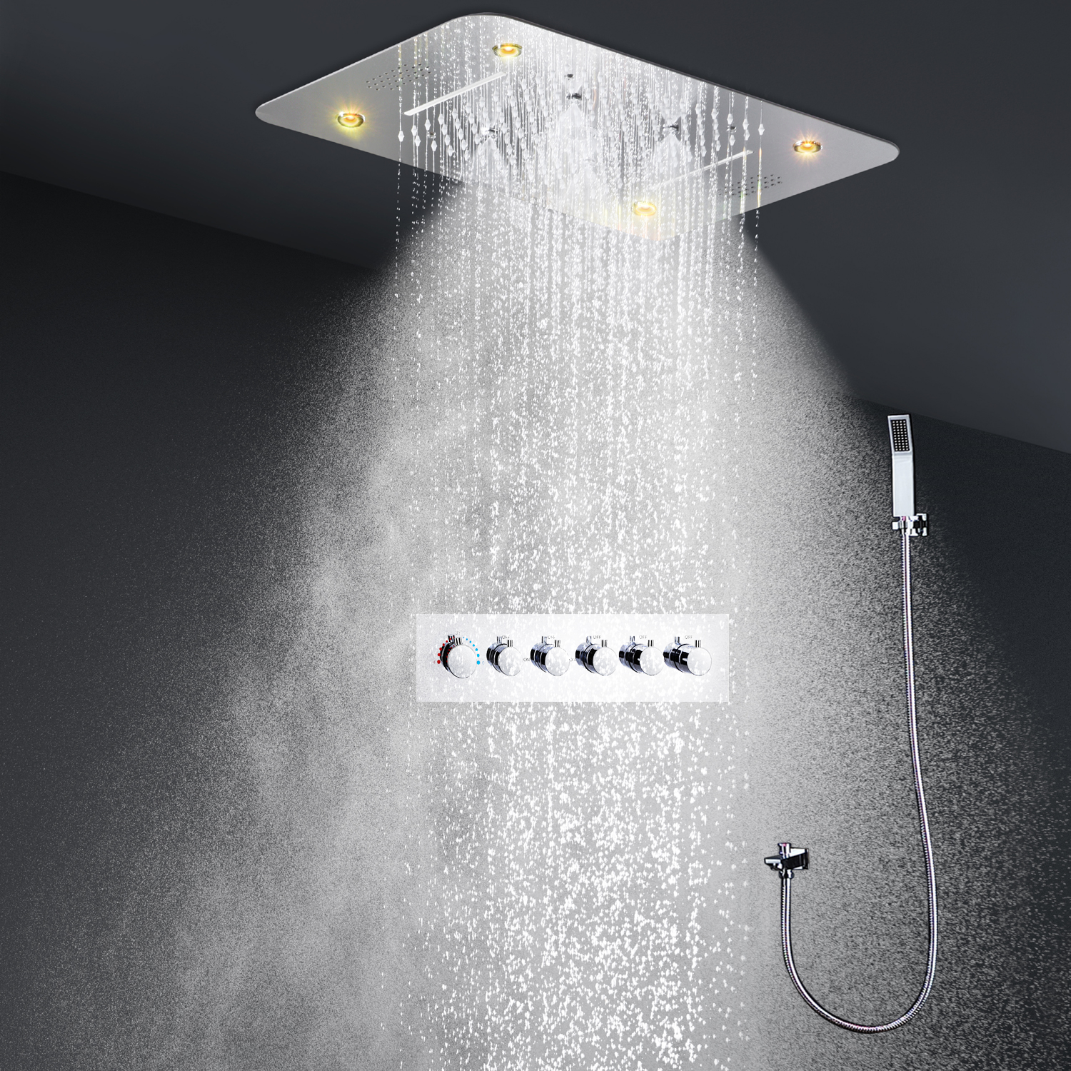 Bathroom Music Shower Set 380 x 580 mm LED ShowerHead Rainfall Waterfall Mist Spray Faucet Thermostatic High Flow Diverter Valve