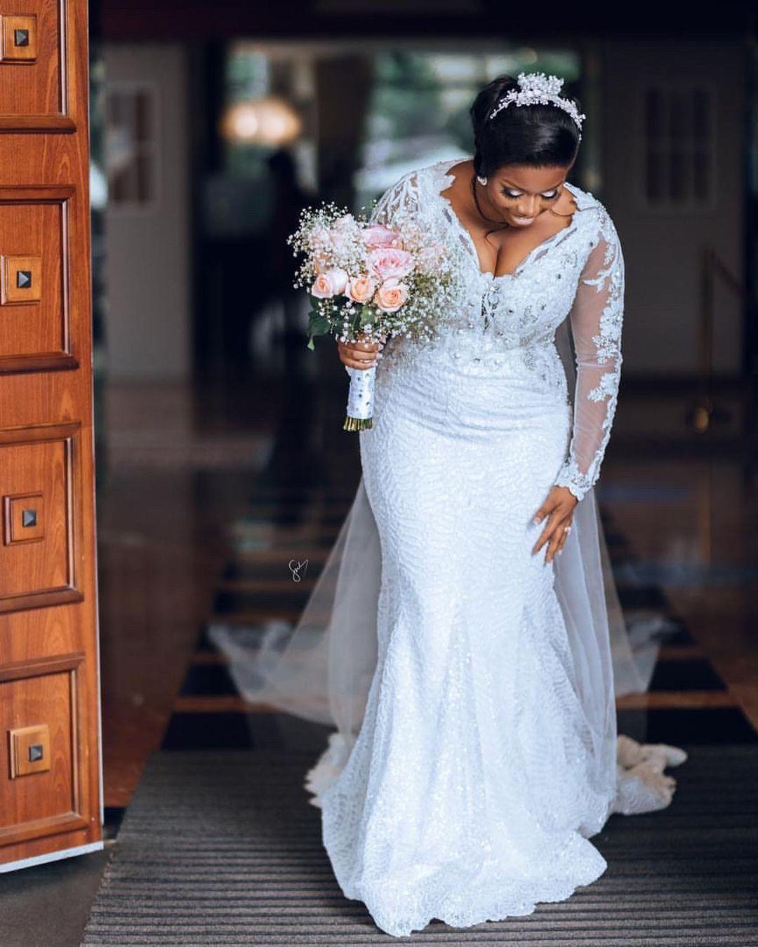plus size wedding dresses lace crystal beads mermaid bridal gowns v neck long sleeve elegant robes de marie