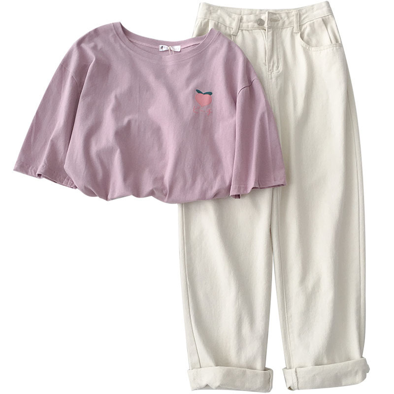 Summer Casual 2 Piece Set Women Casual Solid Pant Set Two Pieces Set Suit Purple Peach Tshirt White Pants Matching Sets T200716