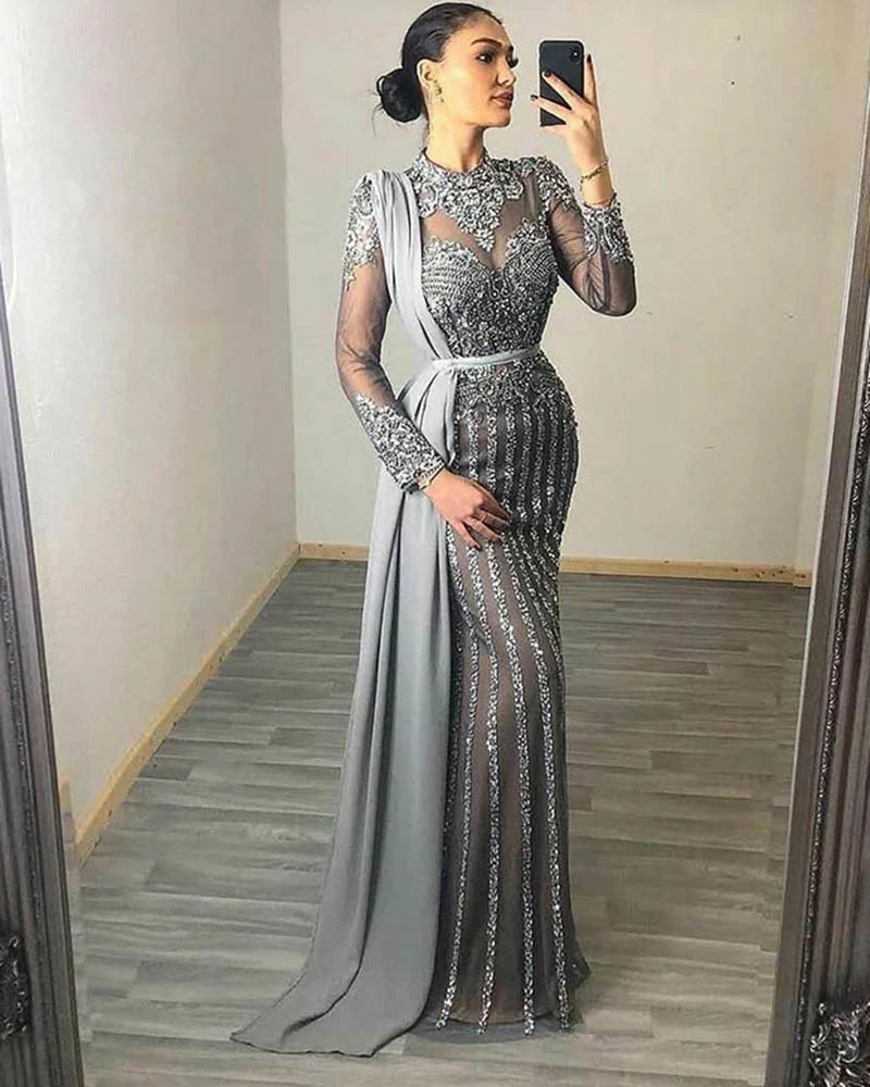 Real Image Evening Dresses Luxury Crystal Sequins High Neck Long Sleeves Appliqued Lace Prom Dresses Custom Made Formal Party Pageant Gown
