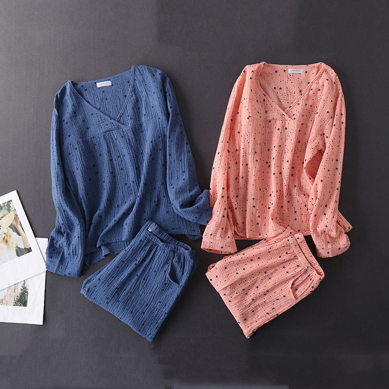 Woman Cotton V-Neck Water-washed pajamas Sets Texture Crepe Gauze Long sleeve trousers 2 Piece Spring Female Homewear Suit 201027