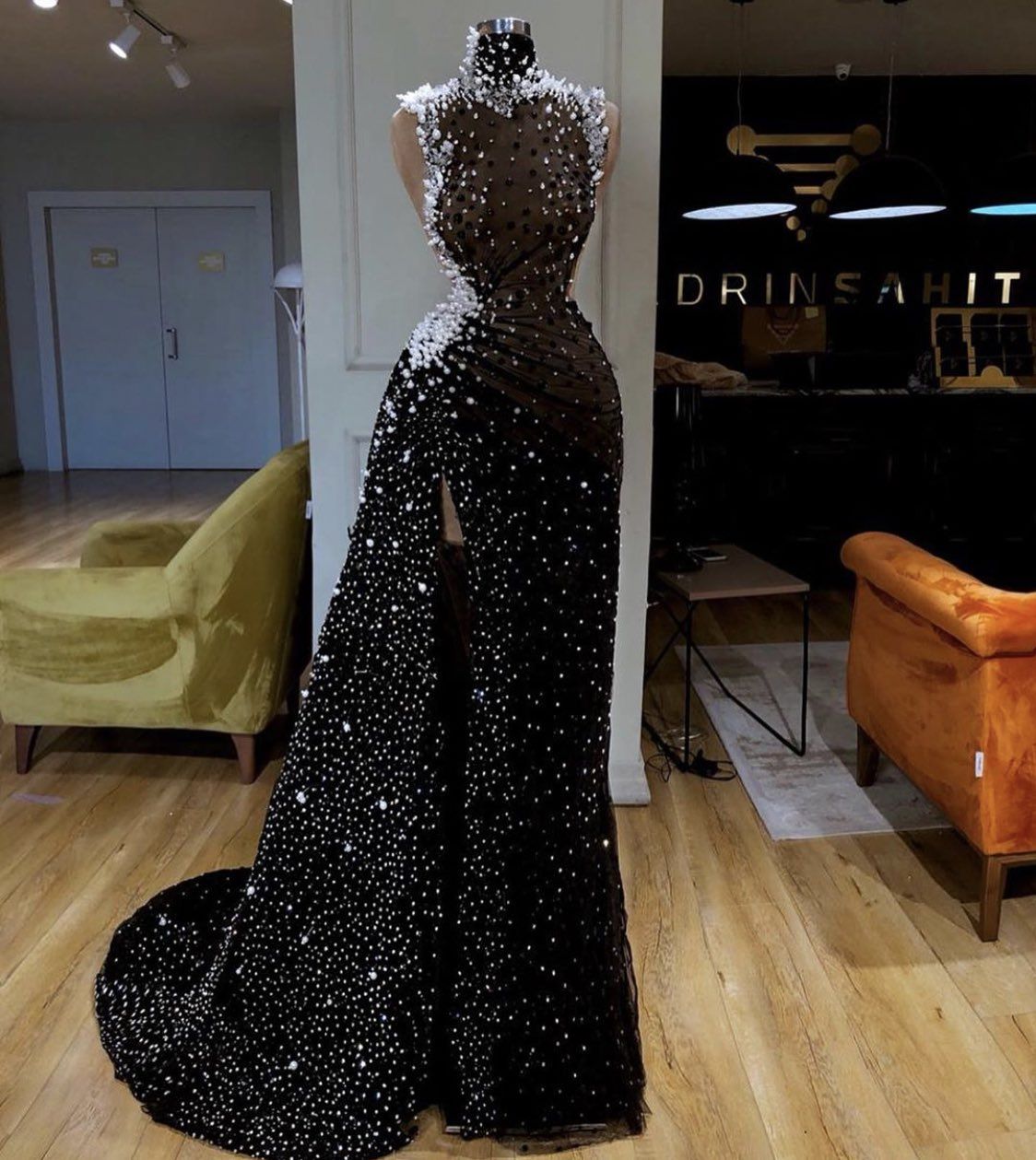 Pearls Beading Prom Dresses Bling Bling High Collar Illusion Evening Gowns Formal Pageant Party Dress vestidos de novia