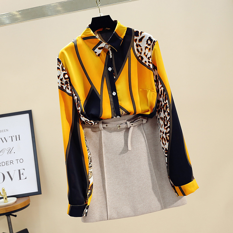 Spring Autumn Women's Contrast Color Shirt Loose Wild Leopard Long Sleeve Chiffon Tops Tide Blouses GD229 201028