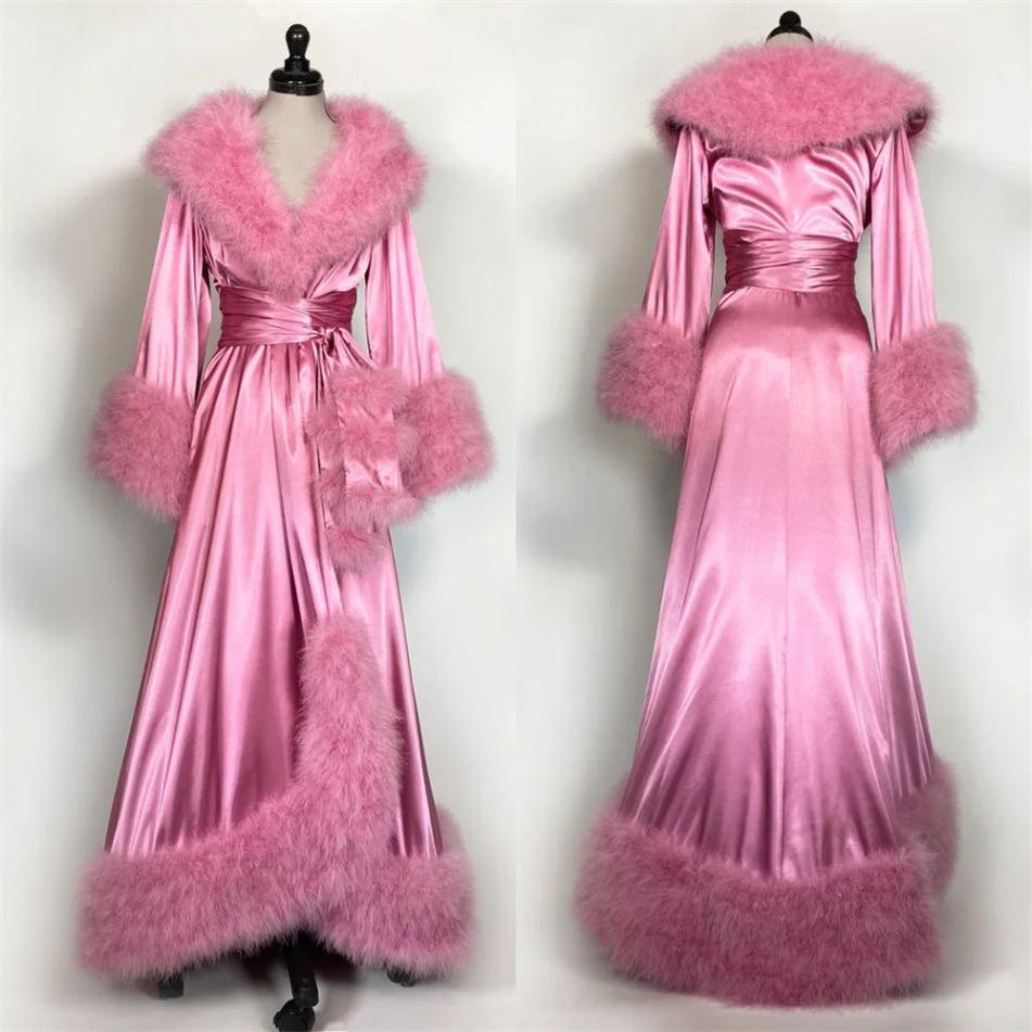 Luxury Pink Fur Bridal Sleepwear Robes Women Gowns for Photoshoot Boudoir Lingerie Long Sleeve Bathrobe Nightwear Sexy Babydoll Robe