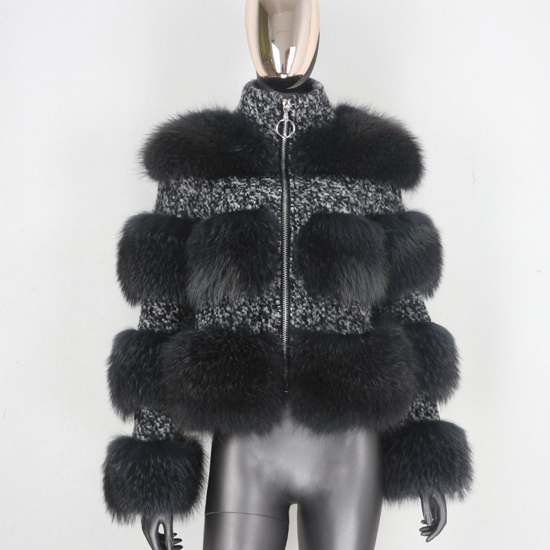 BLUENESSFAIR Winter Jacket Women Real Fur Coat Parka Natural Raccoon Fur Wool Weave Fabric Thick Warm Outerwear Streetwear 201103