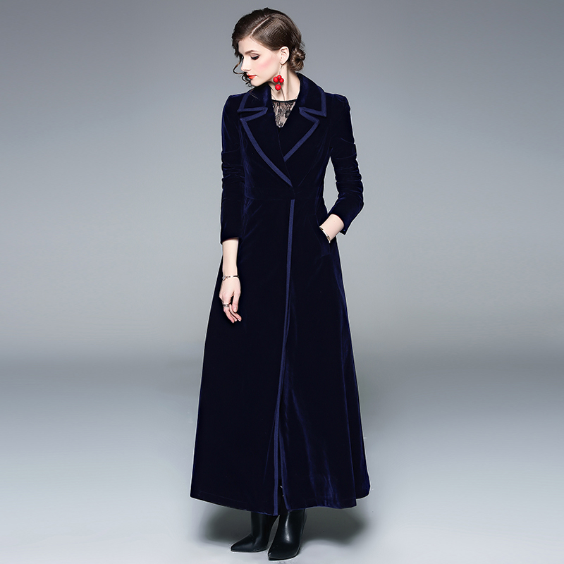 Plus Size 2XL New Winter Women Long Sleeve Notched Collar Double-Breasted Gold Velvet Maxi Trench Coat Autumn Outerwear 201102