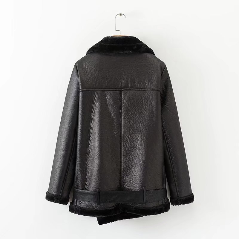 Fitaylor Winter Faux Lamb Leather Jacket Women Faux Leather Lambs Wool Fur Collar Suede Jacket Coats Female Warm Thick Outerwear 201028