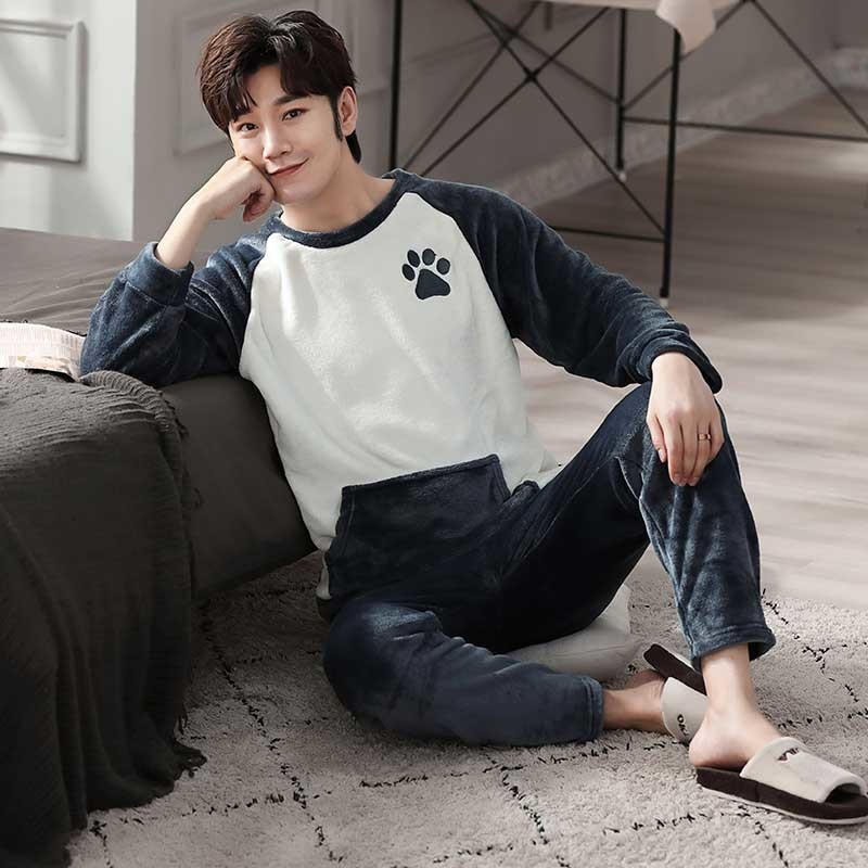 Winter Warm Flannel Cartoon Men's Pyjamas Long Sleeve Pajamas Set Male Sleepwear Coral Fleece Nightsuits 3XL Homewear Set 201111
