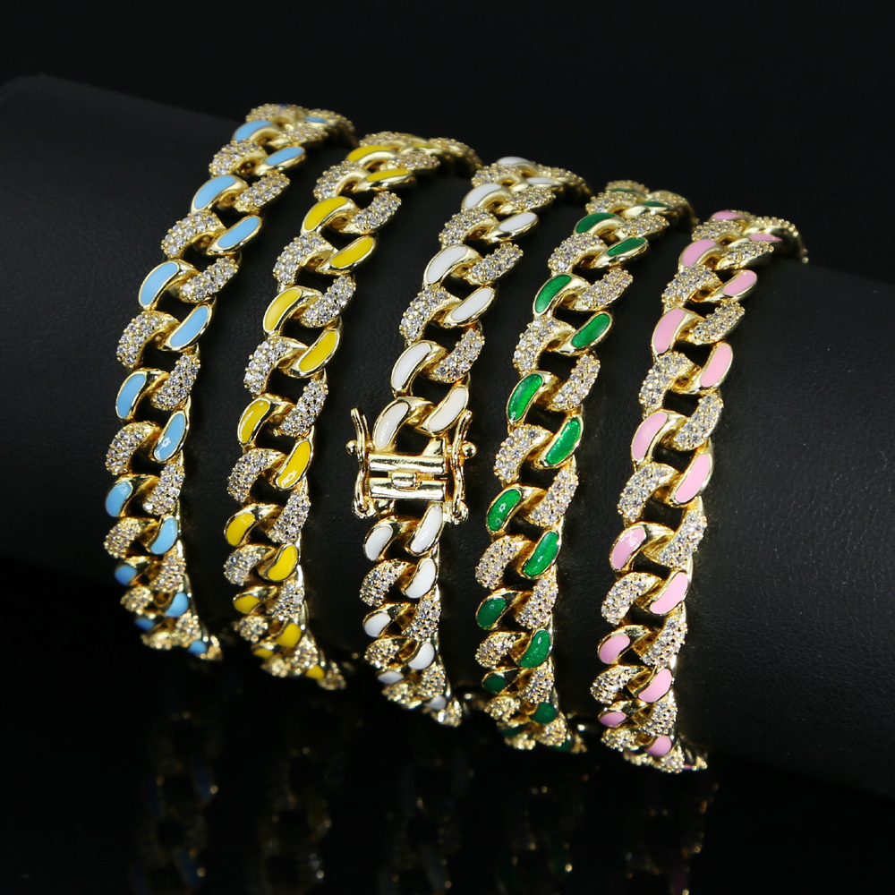 2021 Iced Out Women Lady Hip Hop Bracelet Bangle with Cz Paved 8mm Cuban Chain Enamel Colorful Beautiful Wedding Bracelet Wholesale Gifts