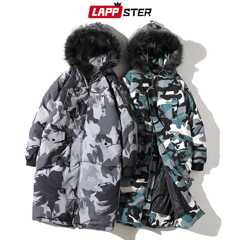 LAPPSTER Camo Winter Long Coat Men Thick Warm Camouflage Puffer Jacket Japanese Streetwear Fur Hooded Winter Jacket Plus Size 201128