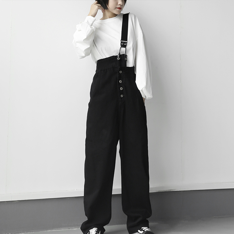EAM High Waist Black Brief Long Wide Leg Overalls Trousers Loose Fit Pants Women Fashion Spring Autumn 1DB200 201228