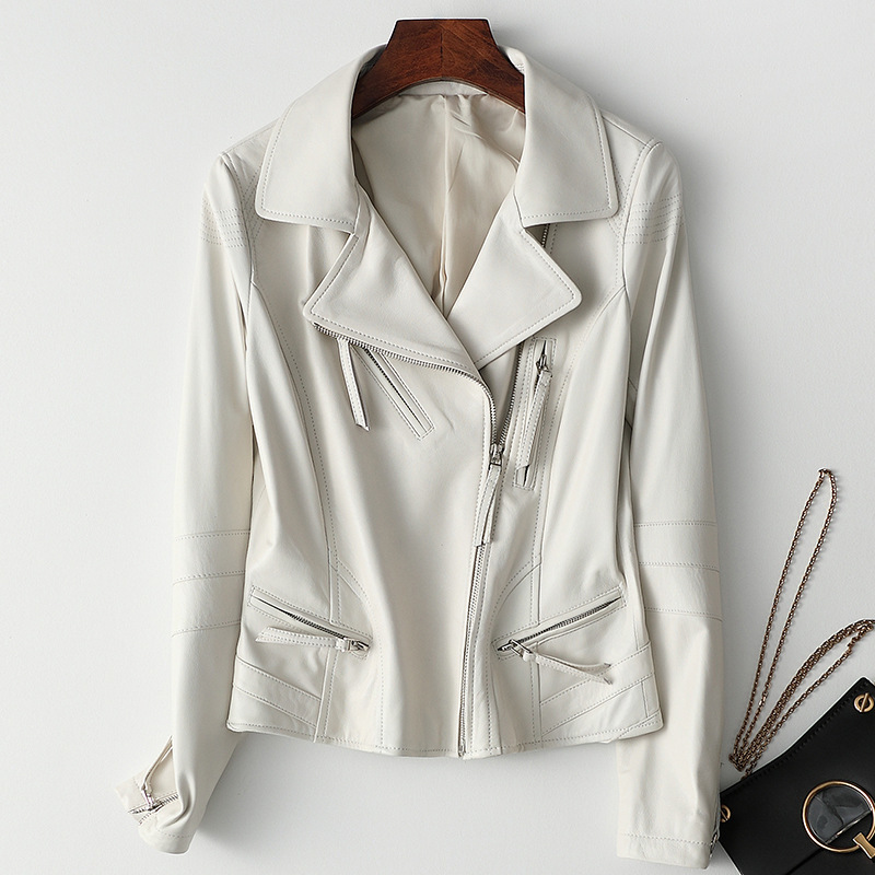Autumn Office Lady Clothes Real Leather Jacket Women Lapel Long Sleeve Slim White Lambskin Genuine Leather Short Coats Female 201030