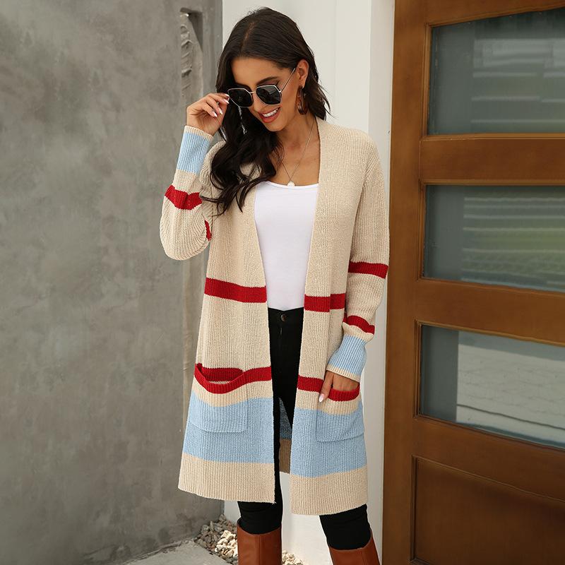 Women' Cardigan Sweater New Clothing 2020 Autumn and Winter Pocket Knitted Cardigan Striped Stitching Contrast Color Sweater, Khaki
Women' Cardigan Sweater New Clothing 2020 Autumn and Winter Pocket Knitted Cardigan Striped Stitching Contrast Color Sweater, Khaki