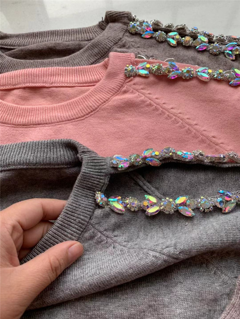 Women Sweater Pearl leaking shoulder Casual 2 Piece Sweat Suit Diamond Shoulder Knit Pants + Jumper Top Costume Clothing Set T200116