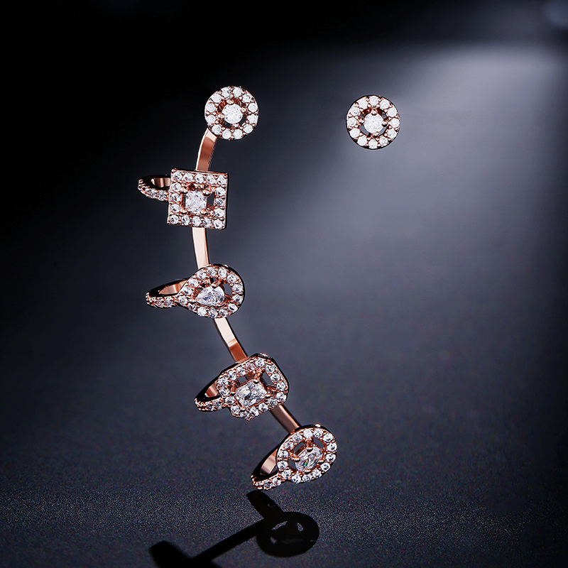 Punk Style AAA Cubic Zirconia Rose Gold White Geometric Ear Bone Cuff Earring Bijoux Womens Iced Out Earrings Studs Jewelry Gifts for Girls