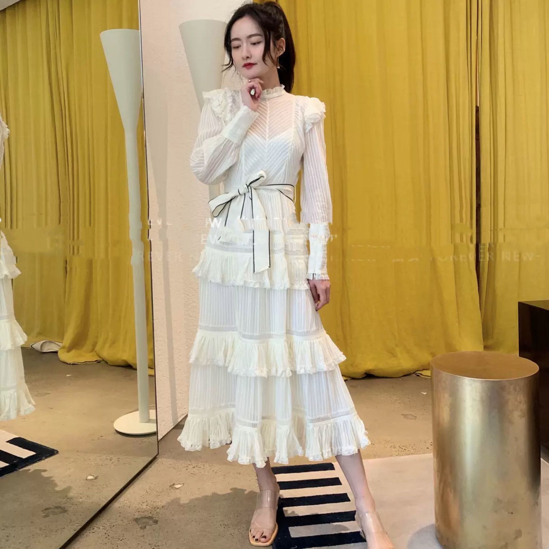 spring new arrive white lace full sleeve women long dress T200603