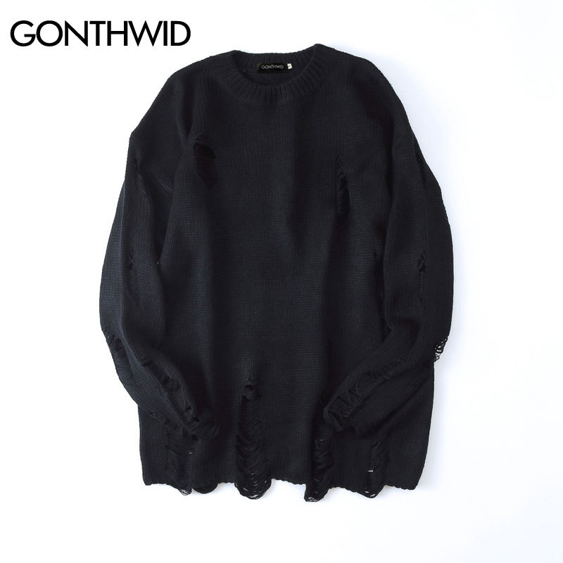 GONTHWID Ripped Destroyed Holes Distressed Sweaters Mens Knitted Pullover Sweater Male Hip Hop Fashion Loose Sweater Streetwear 201026