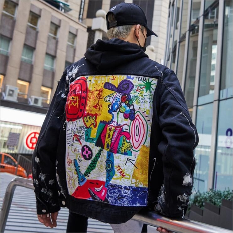 Graffiti Appliques Hip Hop Jean Jacket Men Art Gone Mad Turn Down Collar Denim Jackets Men Streetwear Clothes Rated 201127