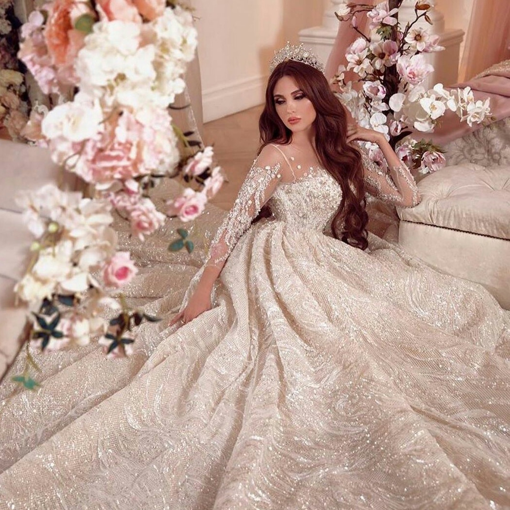 2021 Arabic Luxurious Wedding Dresses Sheer Long Sleeve Shiny Sequined Plus Size vestido de novia Custom Made Lace Bridal Gowns