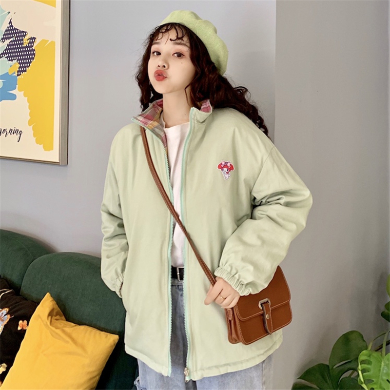 Winter Double Sided Down Jacket Women Japanese Harajuku Cotton Coat Loose Warm Women Padded Winter Outerwear Reversible Jacket 200928